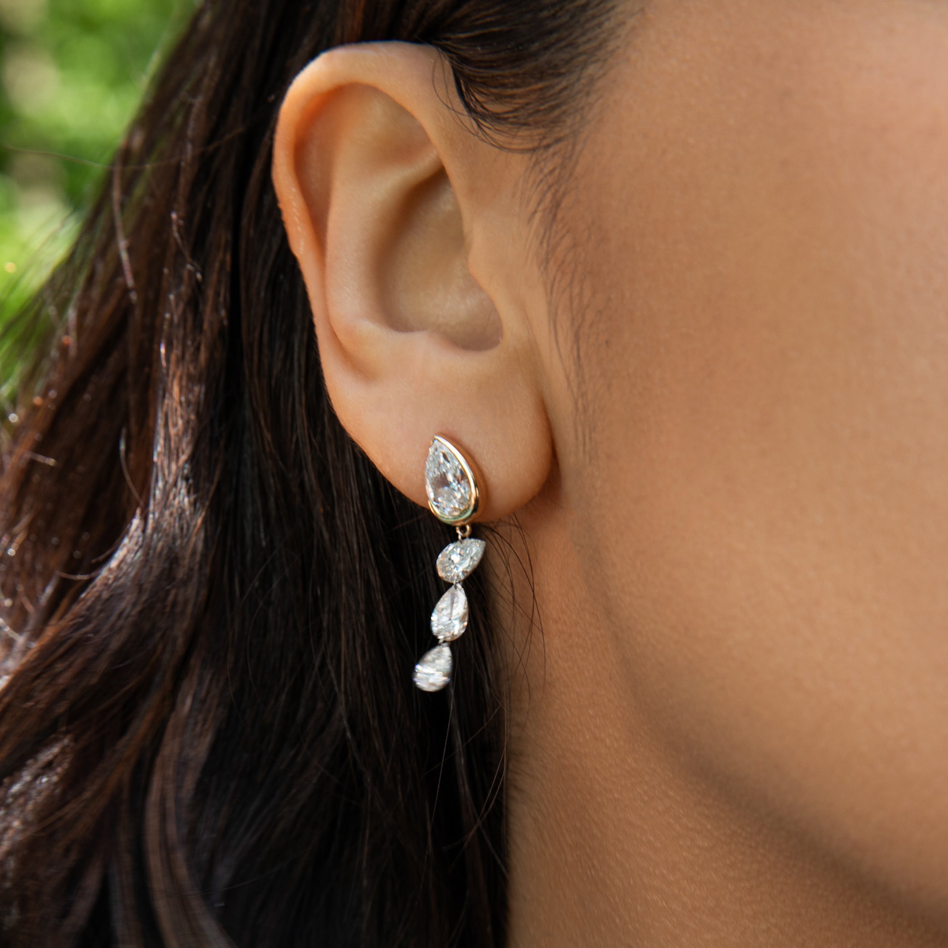 Asymmetrical Droplet Studs with Dangling Pierced Diamond Pears