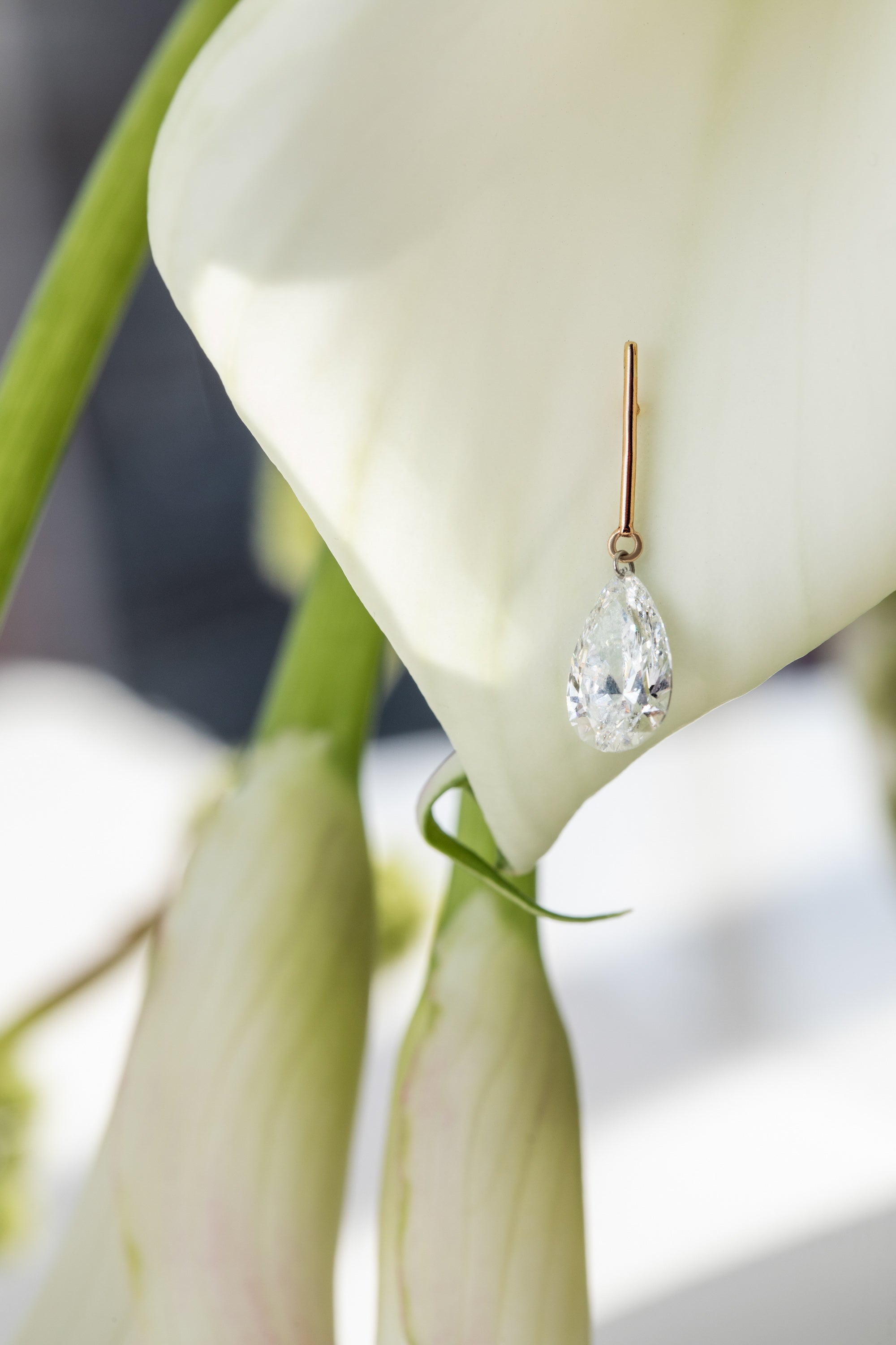 2 Carat Pear Pierced Diamond & Gold Bar Earring