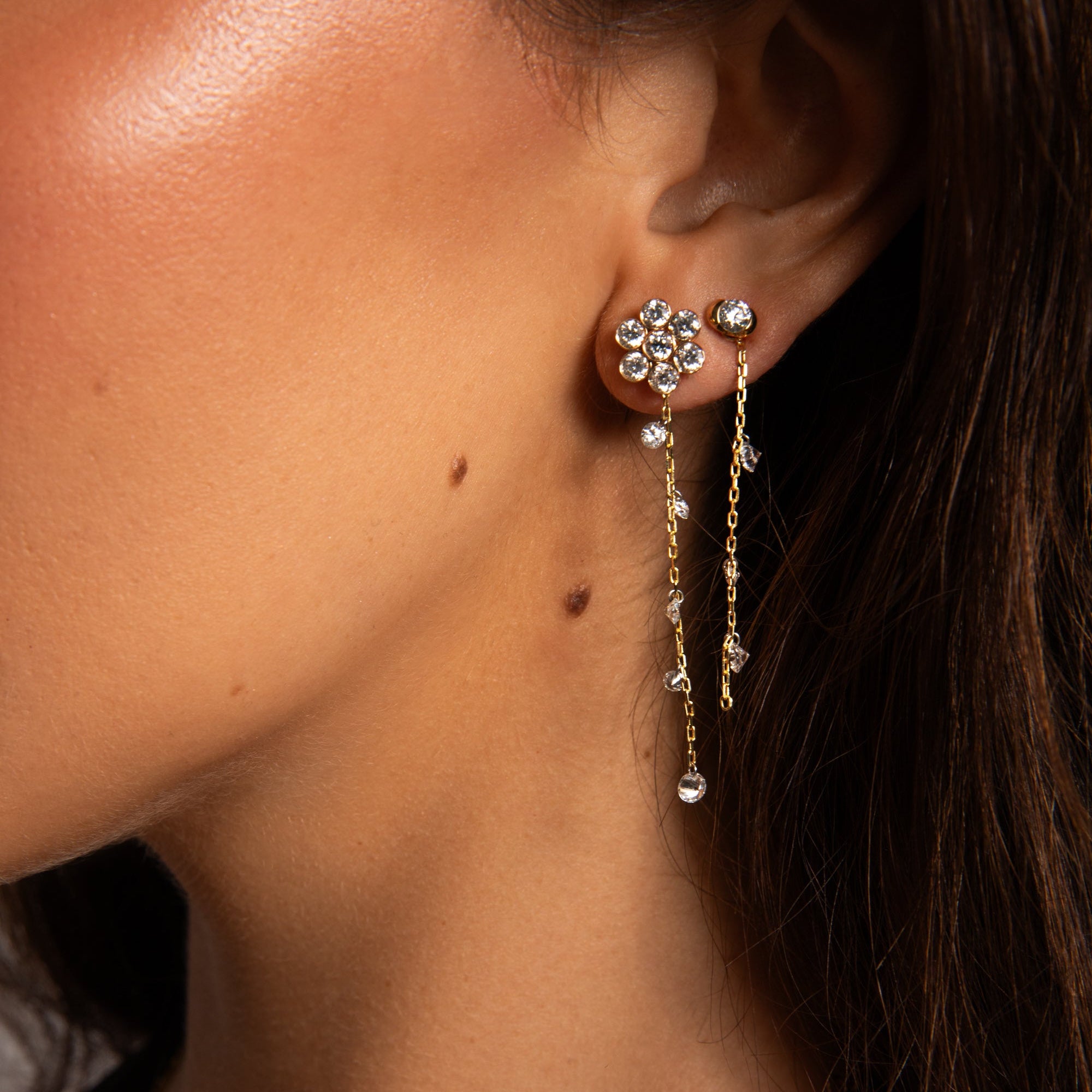 Long Pierced Diamond Dew Charm + Free 8mm Gold Huggies