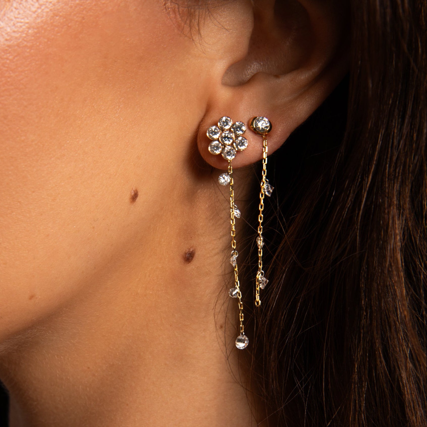 Three Pierced Diamond Dew Charm + Free 8mm Gold Huggies