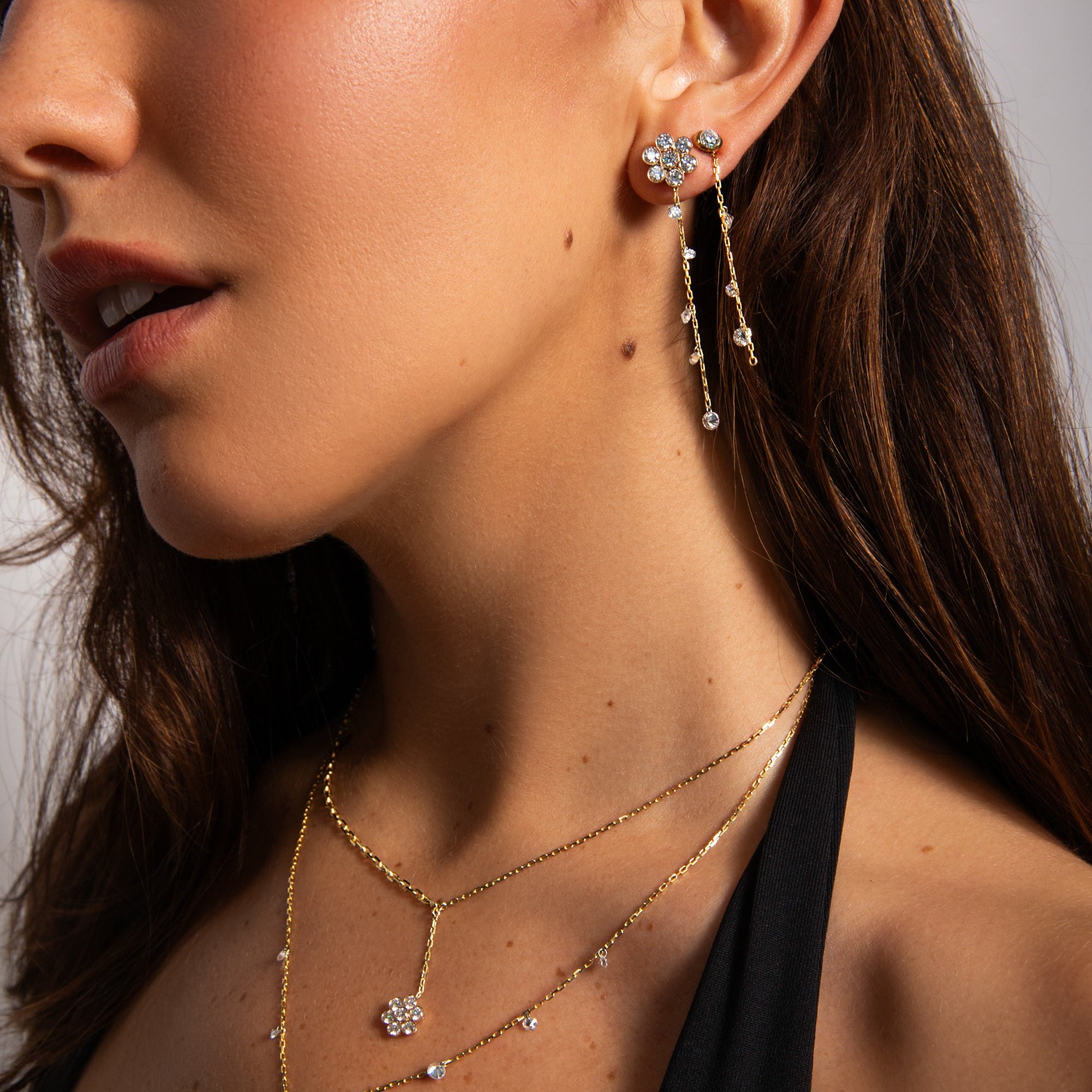Three Pierced Diamond Dew Charm + Free 8mm Gold Huggies