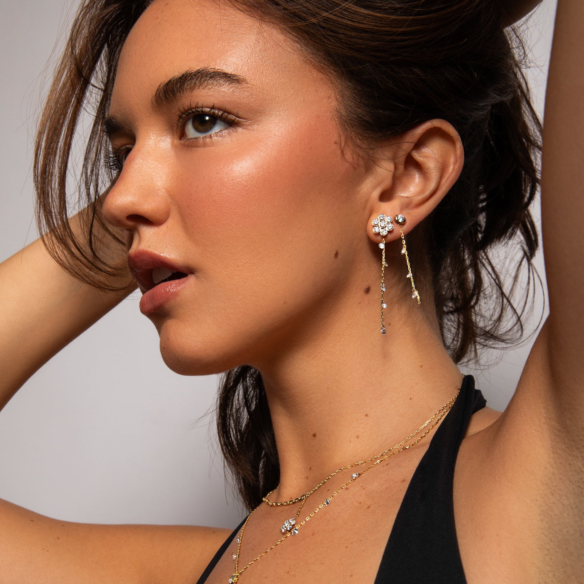 Three Pierced Diamond Dew Charm + Free 8mm Gold Huggies