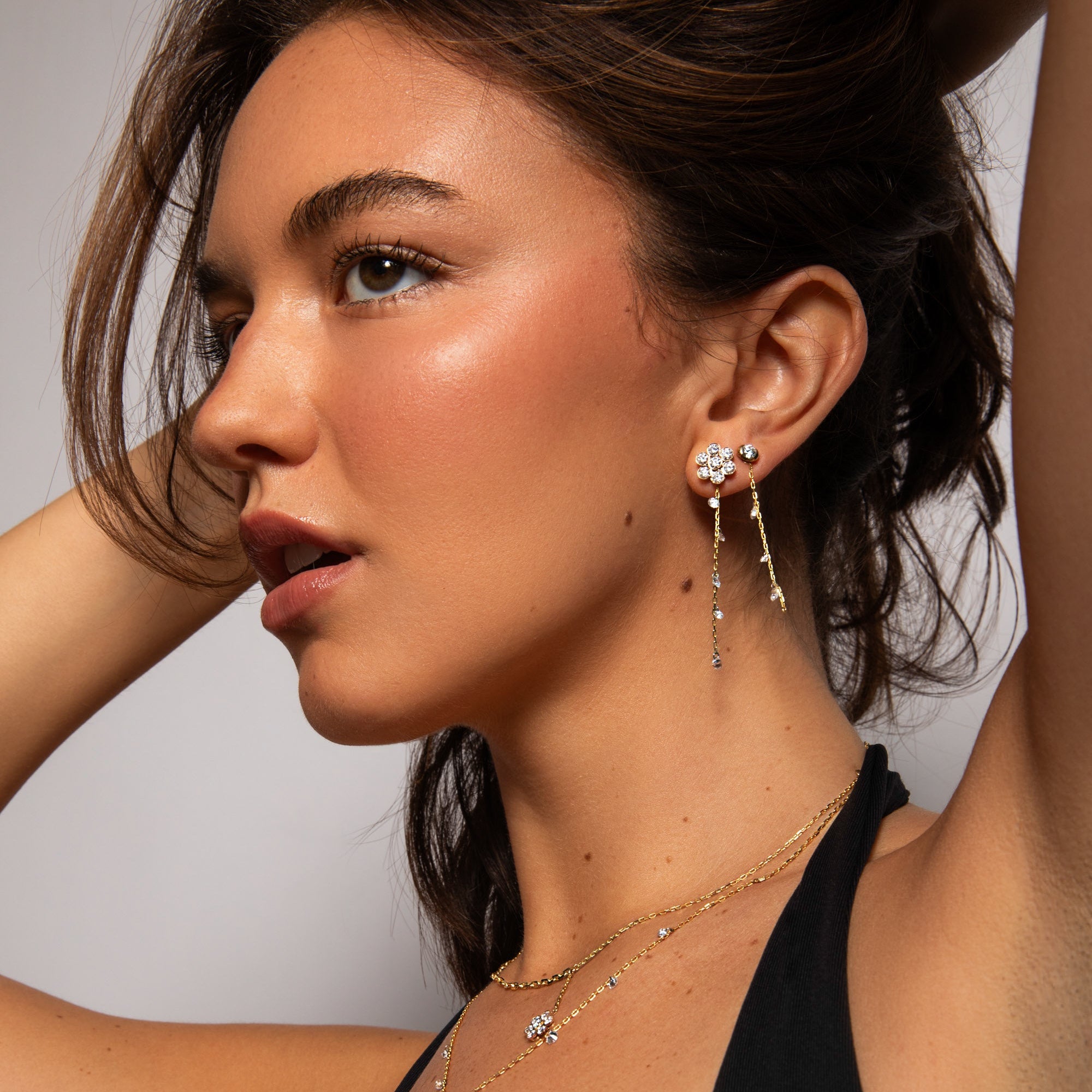 Long Pierced Diamond Dew Charm + Free 8mm Gold Huggies