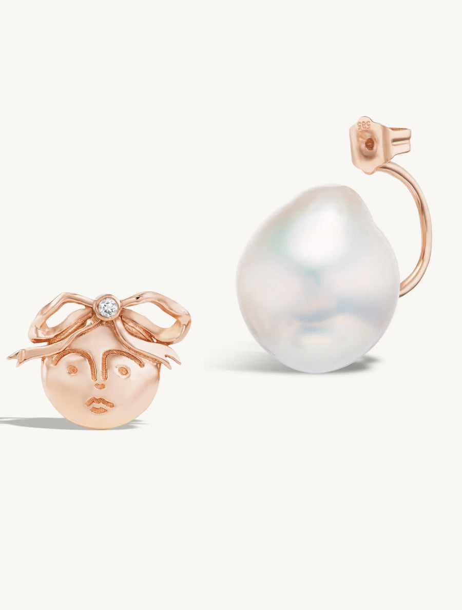Diamond Moon Studs with Pearl Earring Jacket Pair