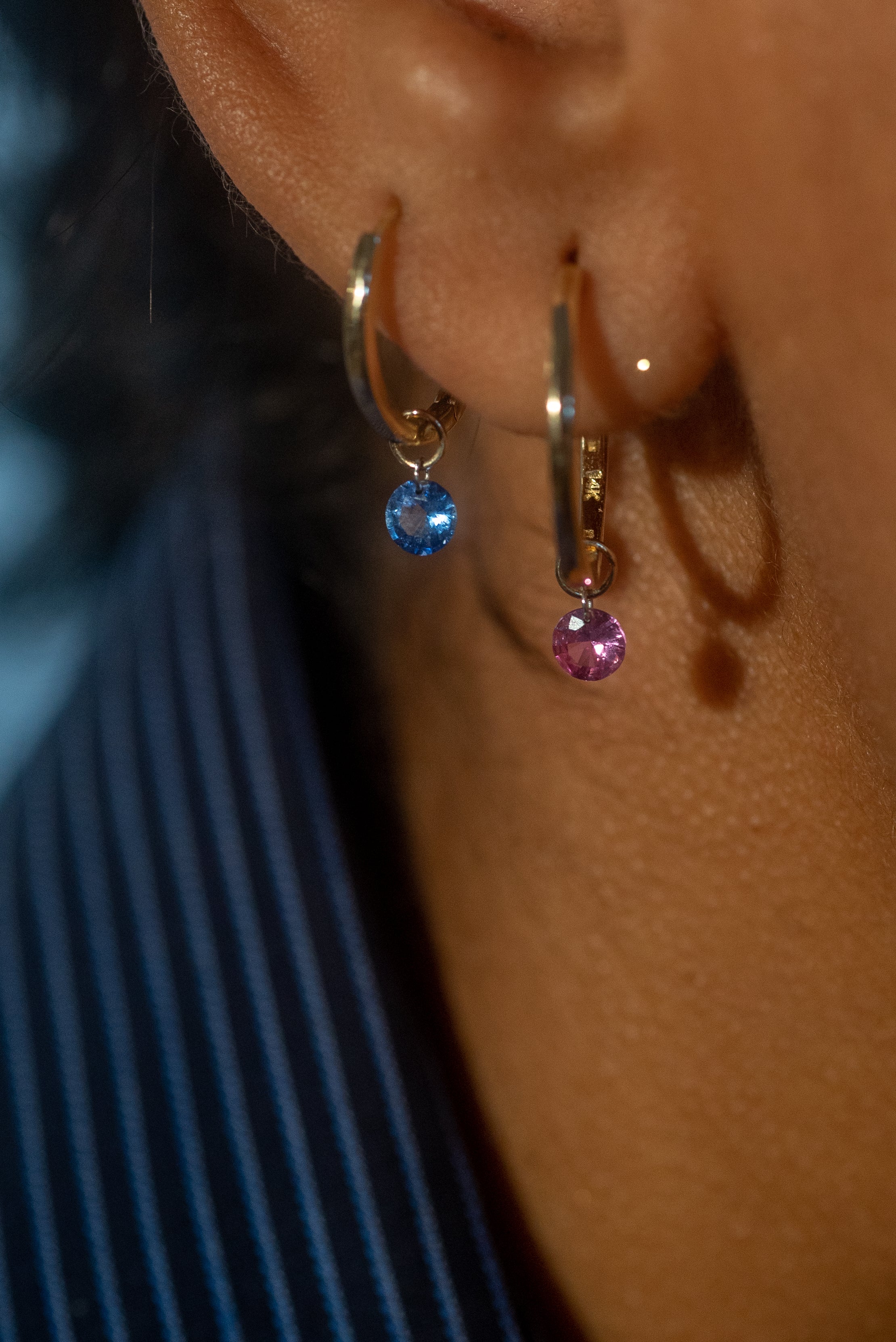 Small Round Pierced Blue Sapphire Charm for Huggies