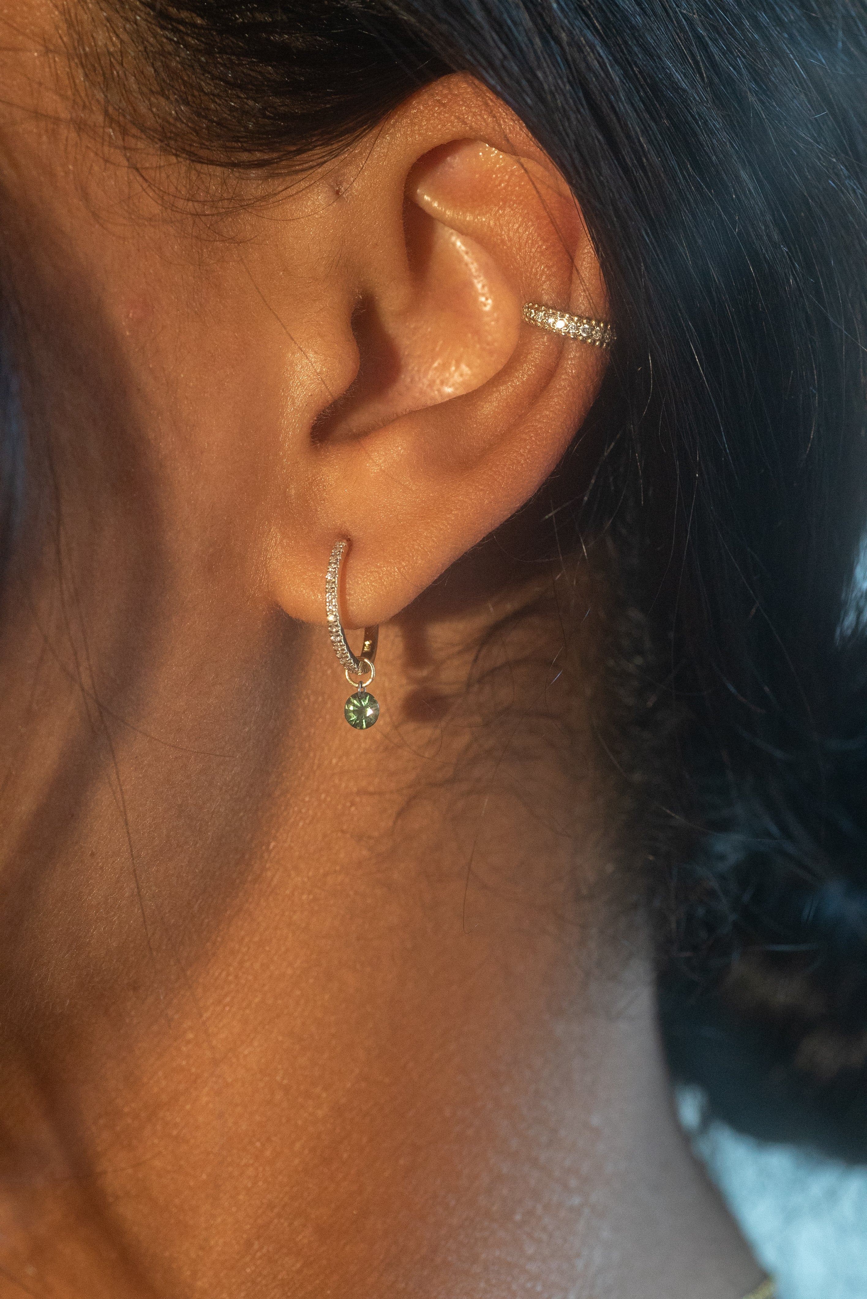 Small Round Pierced Green Sapphire Charm for Huggies