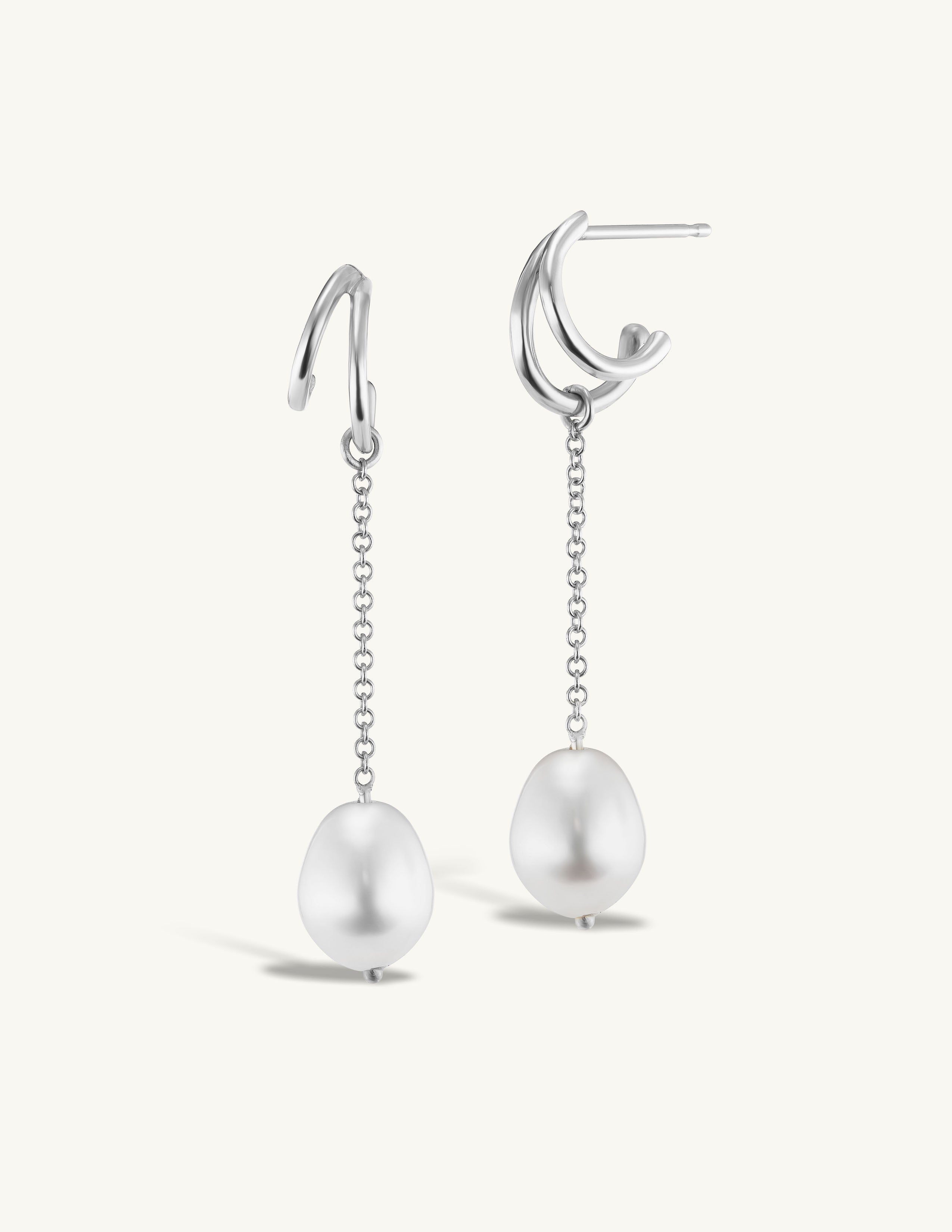 Modern Sterling Silver Pearl Drop Earrings