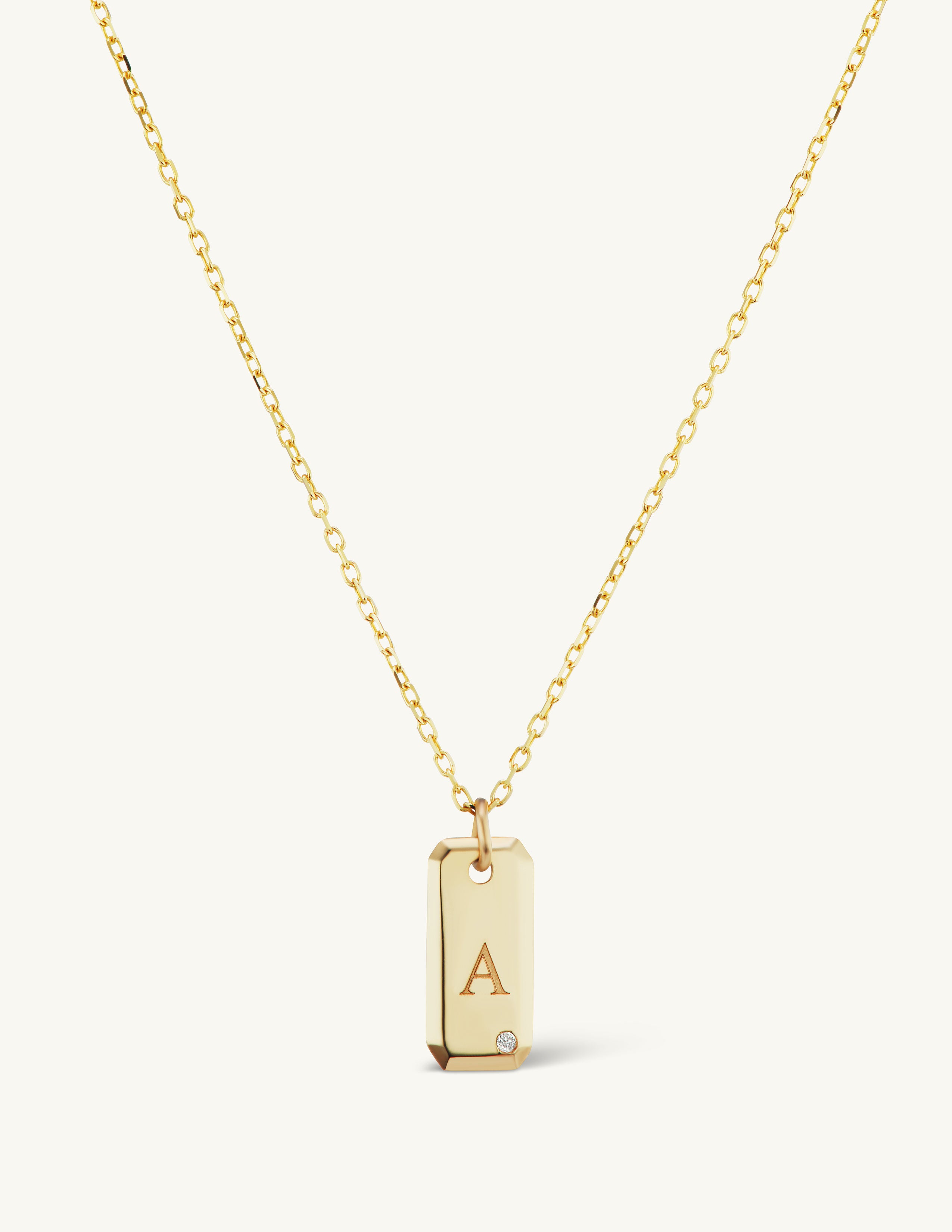 Engraved Initial Tag Necklace with Diamond - Main Image