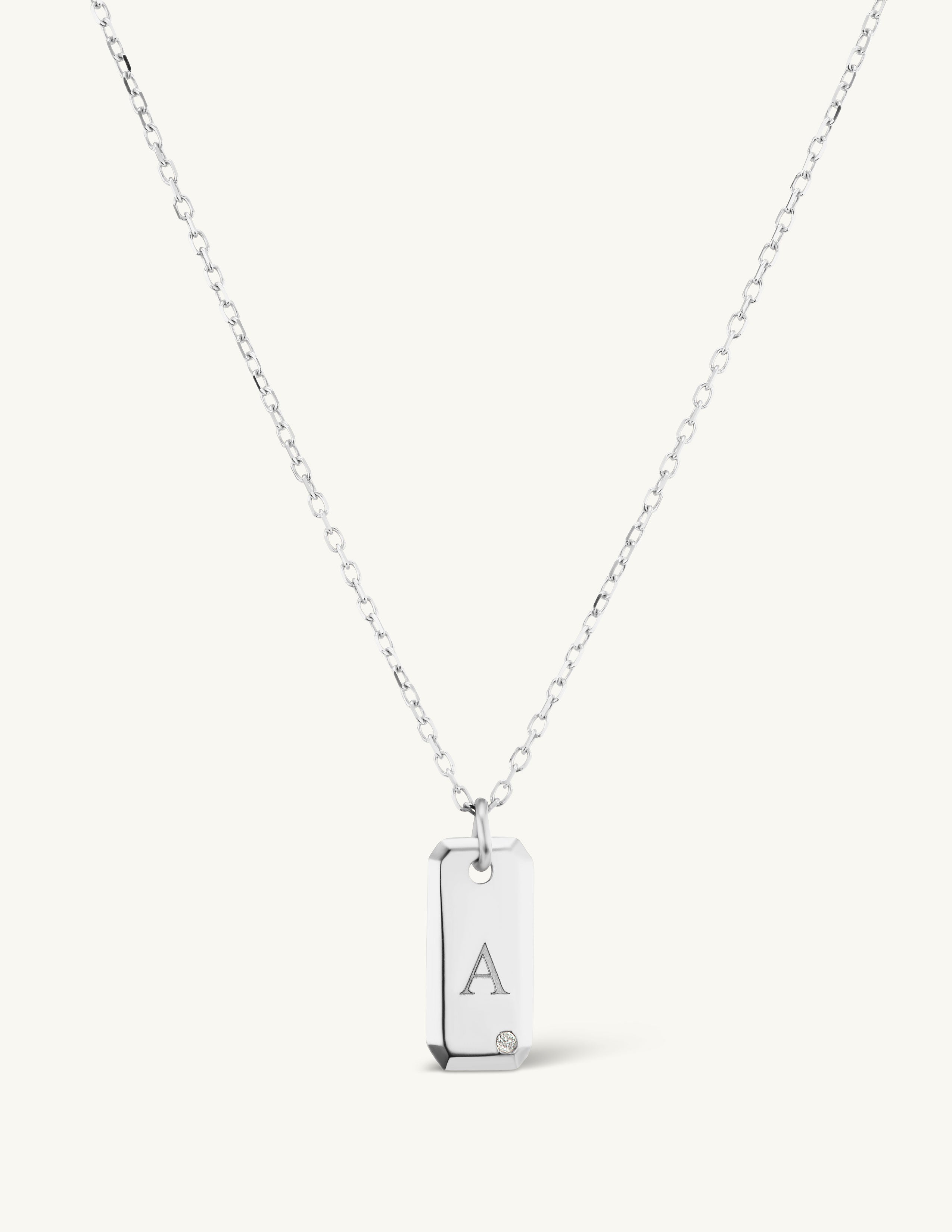Engraved Initial Tag Necklace with Diamond