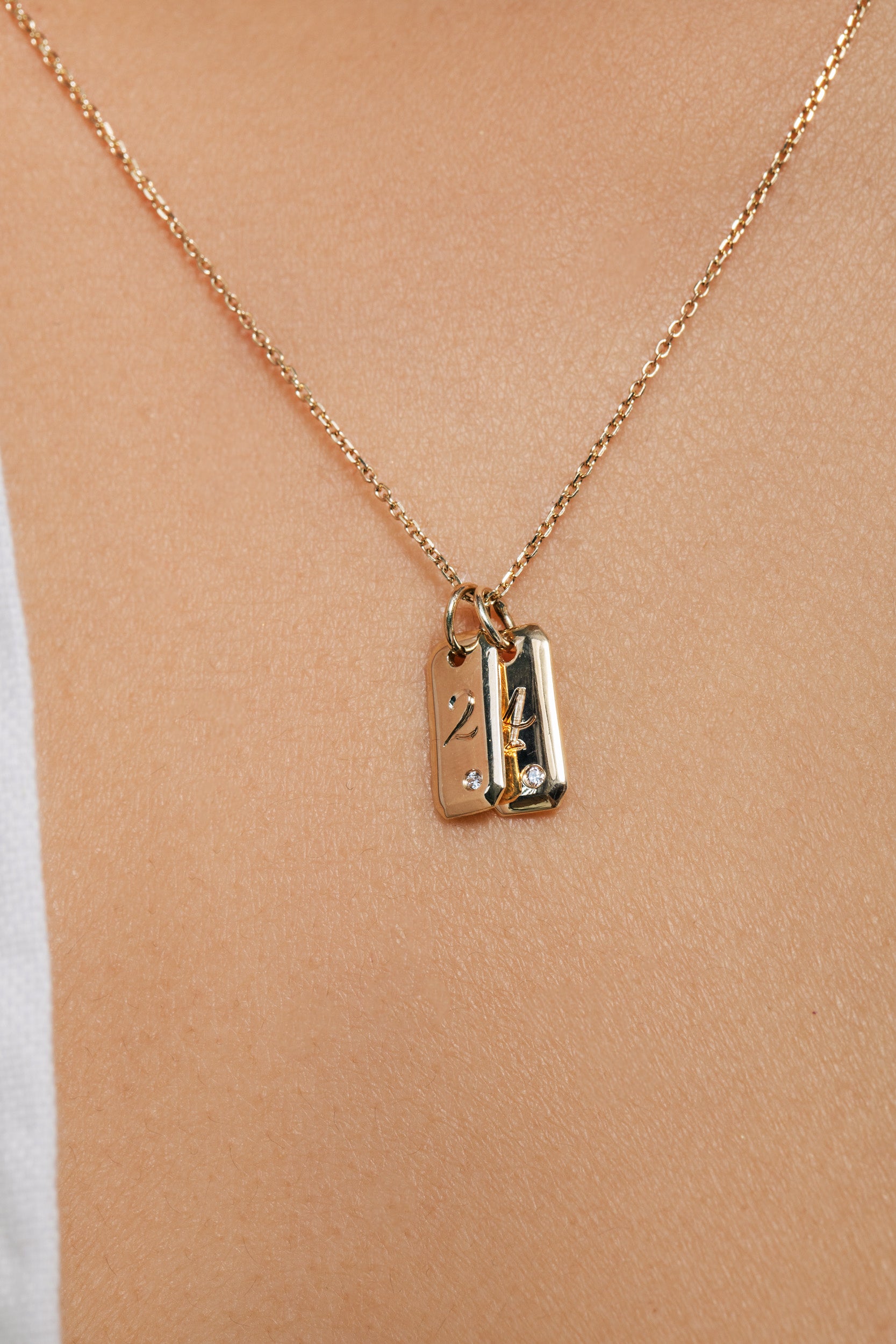 Engraved Initial Tag Necklace with Diamond