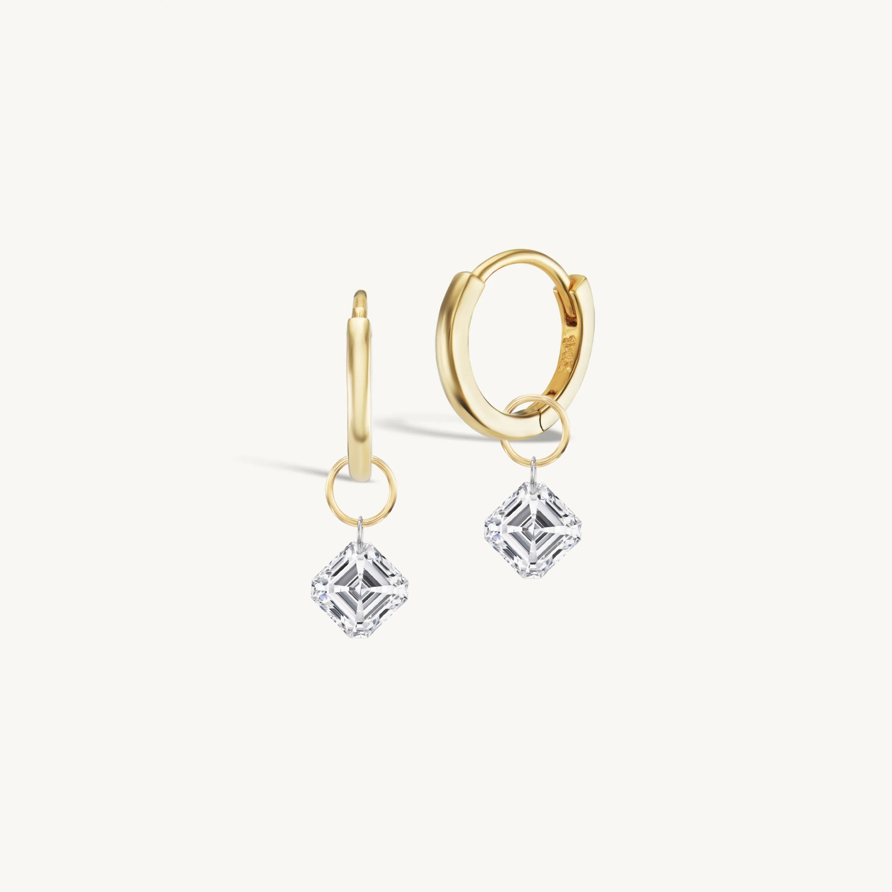 XL Asscher Pierced Diamond Charm Pair + Free 8mm Gold Huggies