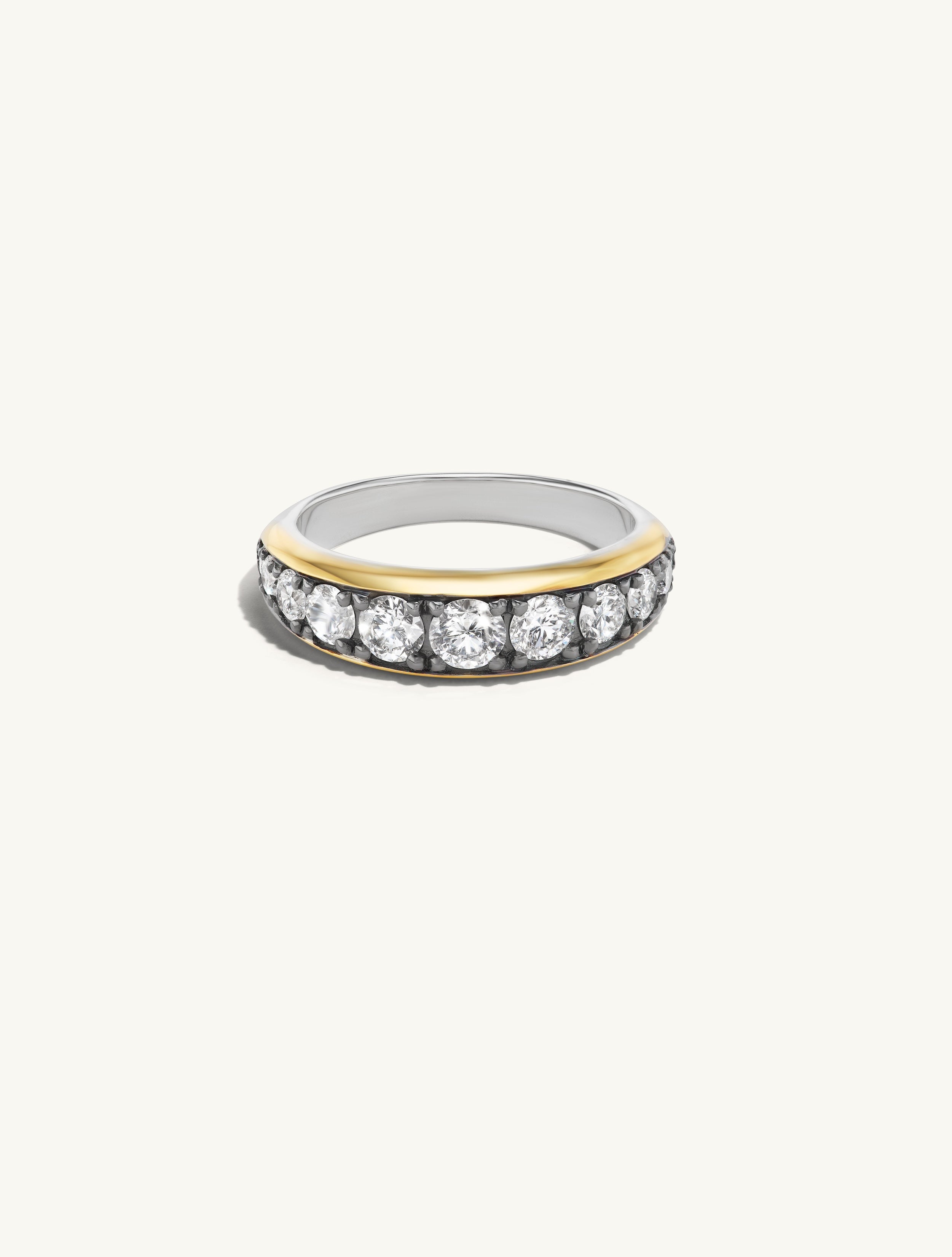 Thick Patina Diamond Band. A Domed front of solid 14k blackened gold an graduating lab grown diamonds, with a sterling silver back. 