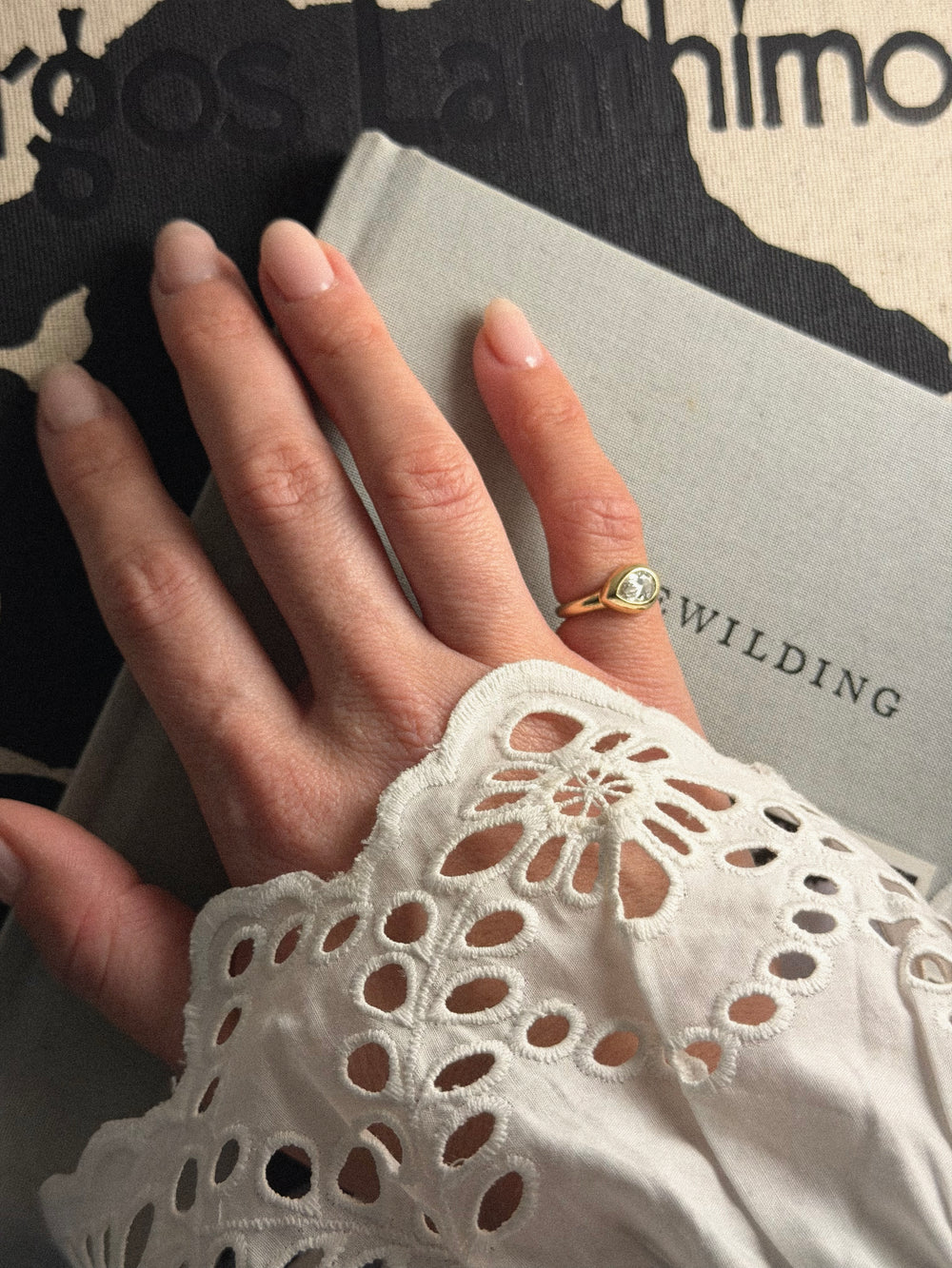 Hand wearing a gold ring on a book with 'WILDLING' visible