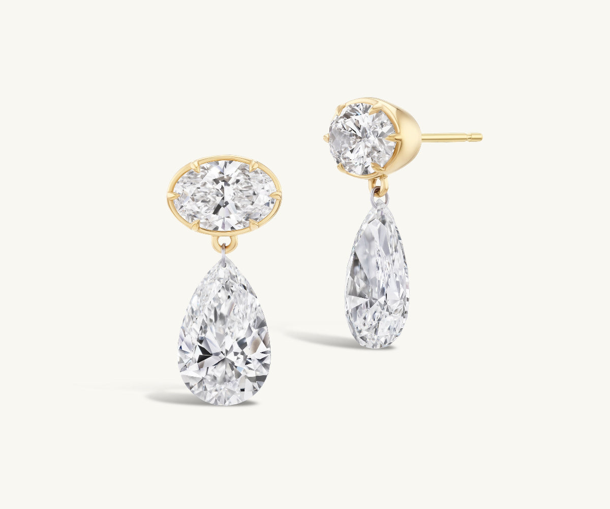 The Oval diamond & pierced pear drop earrings in 14k yellow gold