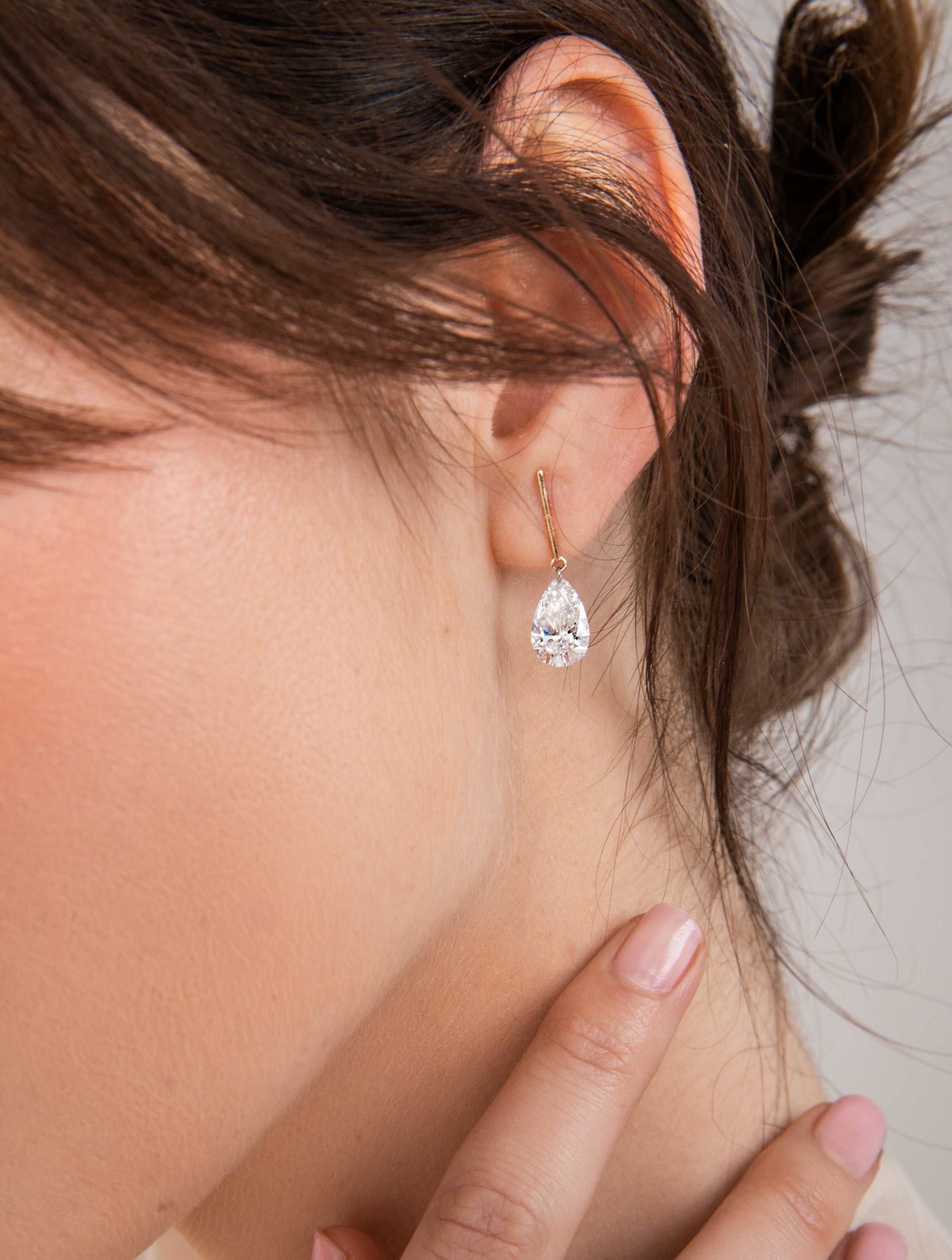 2 Carat Pear Pierced Diamond & Gold Bar Earring