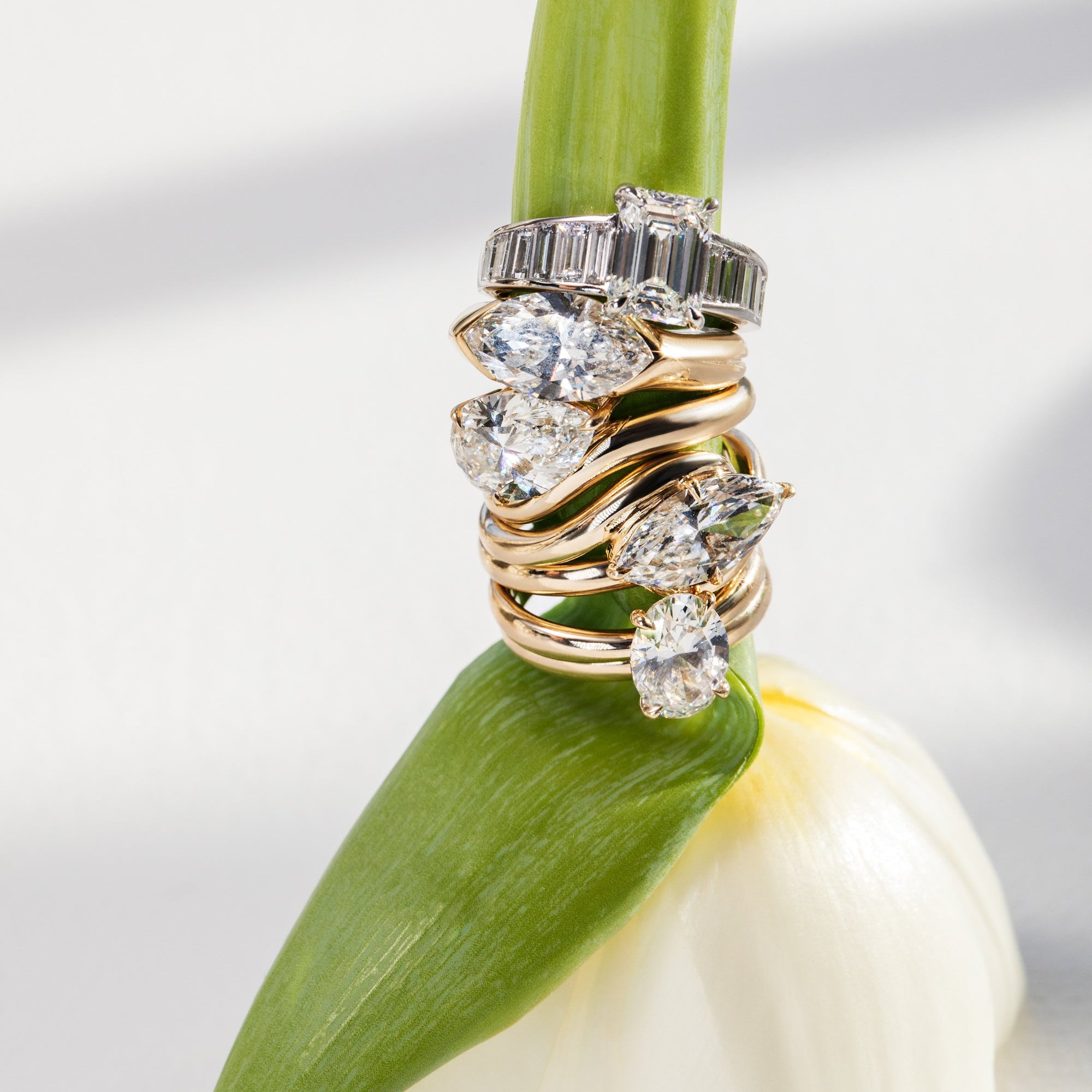 Two diamond rings stacked on a white flower with a green leaf