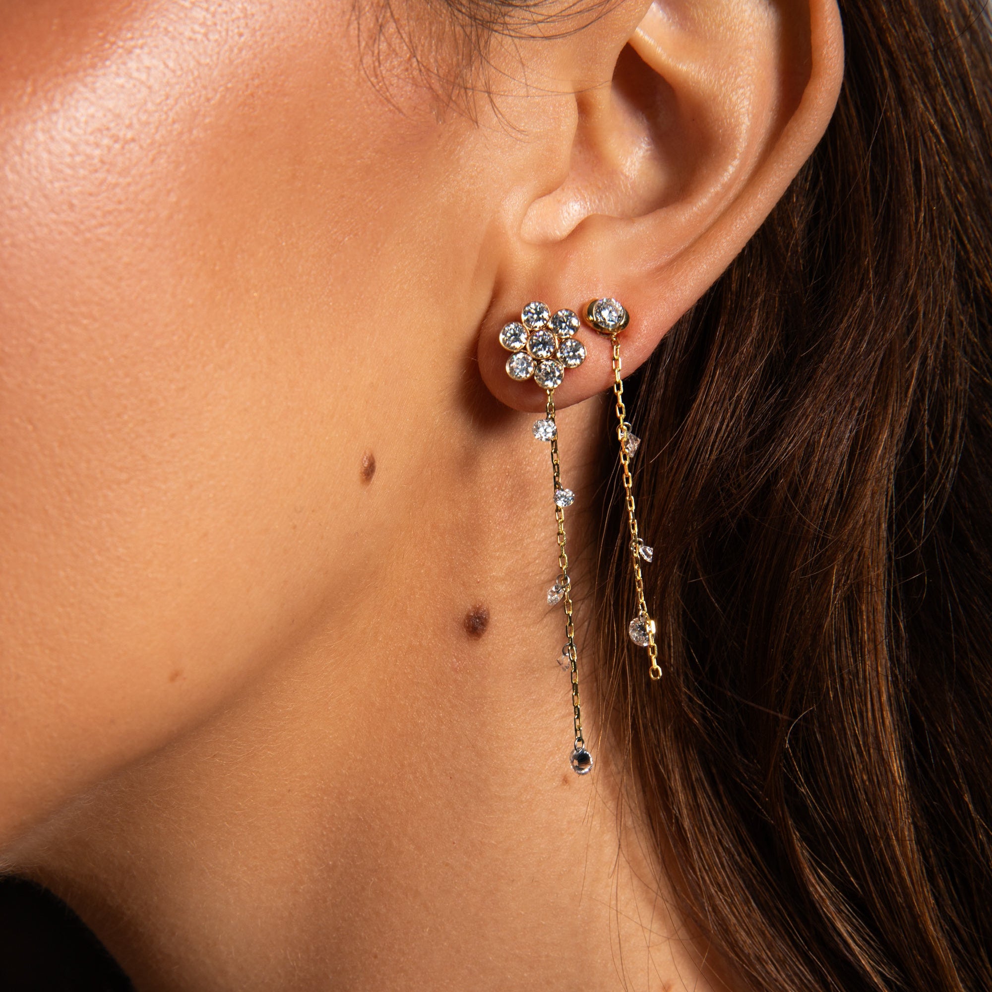 Long Pierced Diamond Dew Charm + Free 8mm Gold Huggies