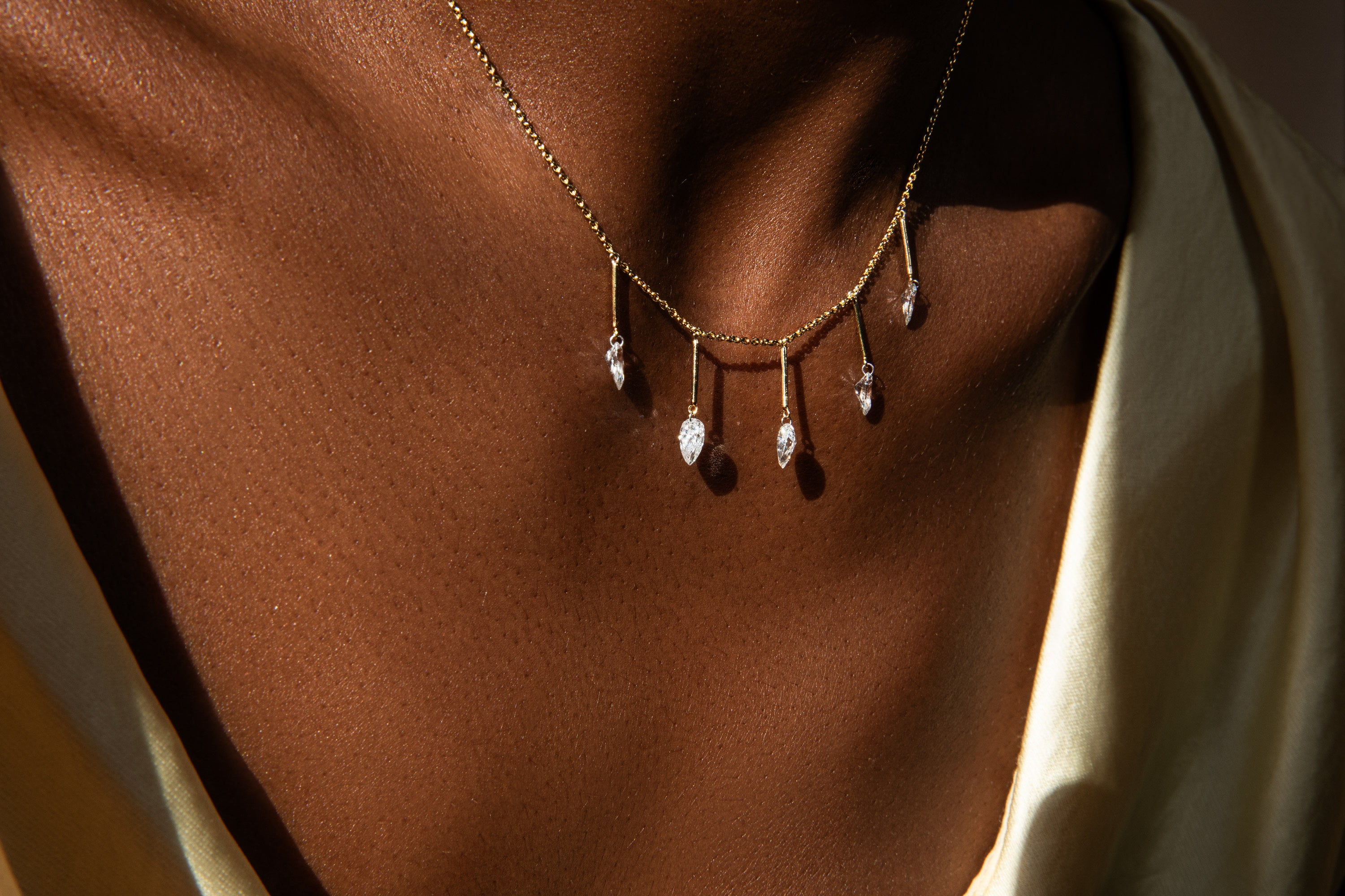 Pierced Pear Diamond & Gold Bar Necklace