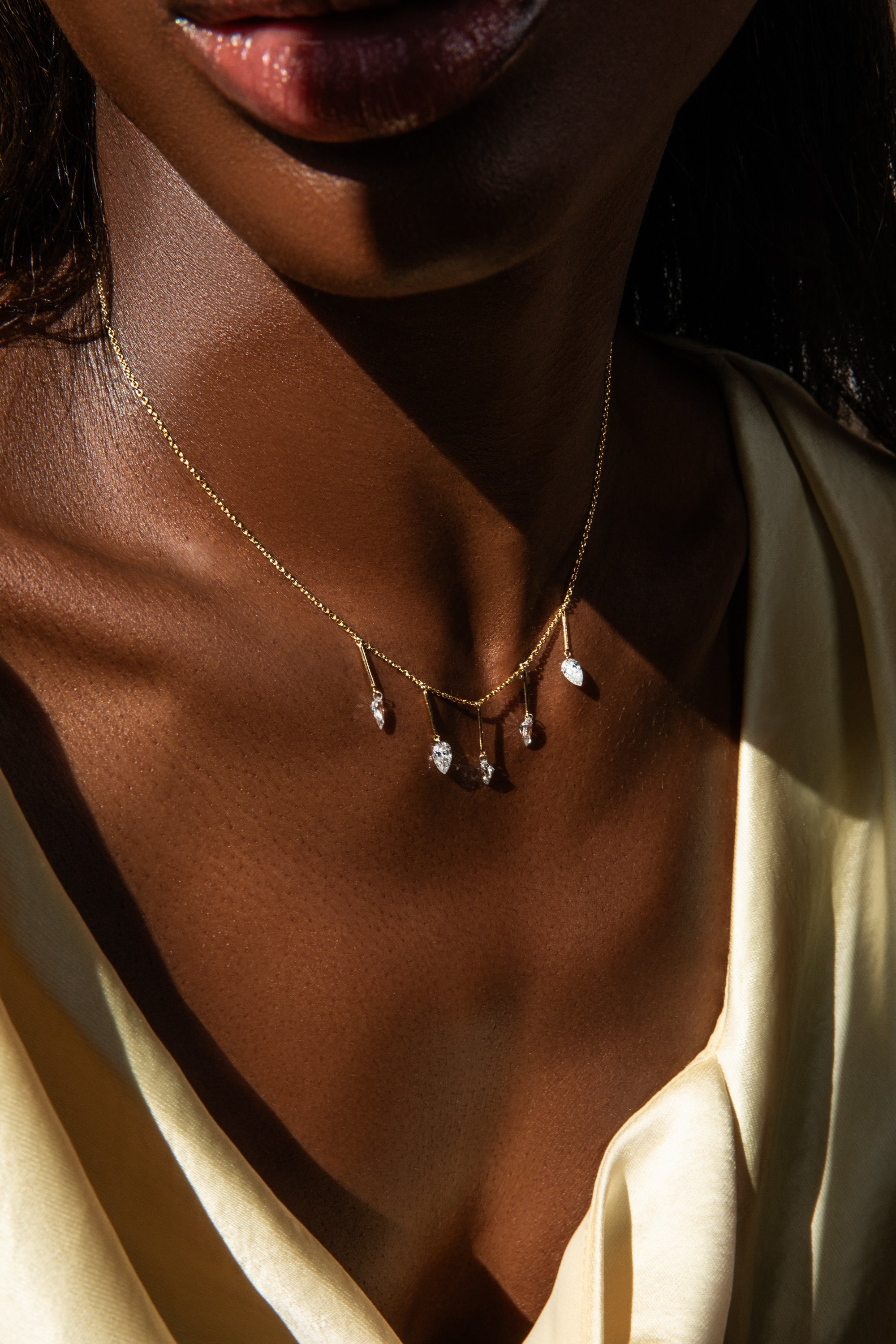 Pierced Pear Diamond & Gold Bar Necklace