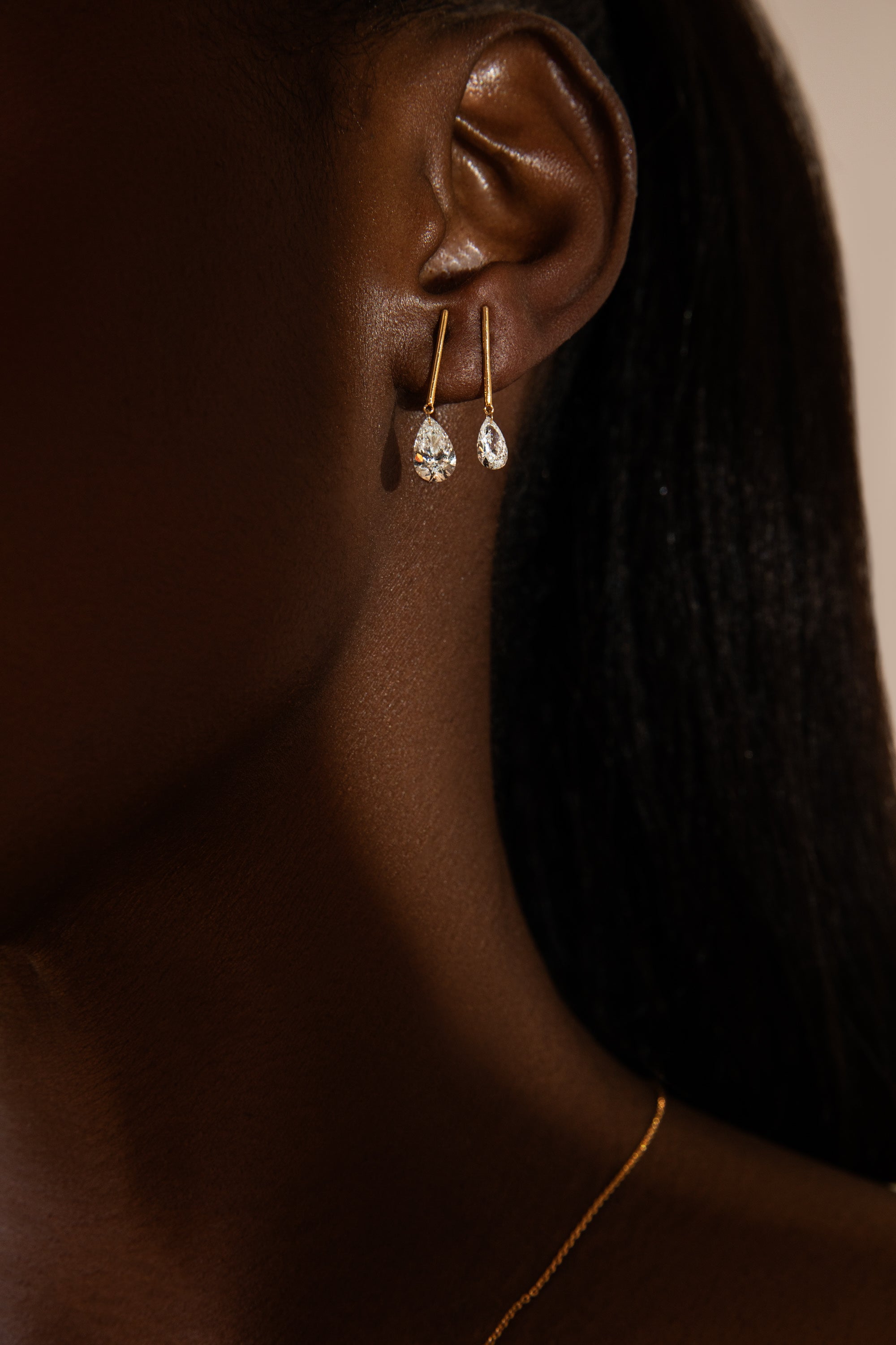 1/2 Carat Pear Pierced Diamond & Gold Bar Earring