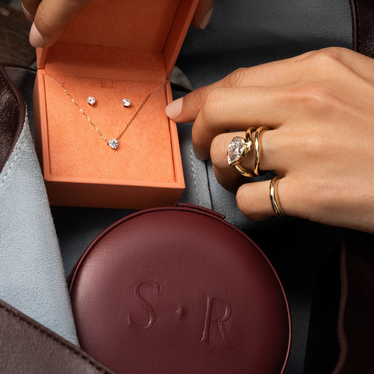 Diamond Studs, Pendant & Travel Case