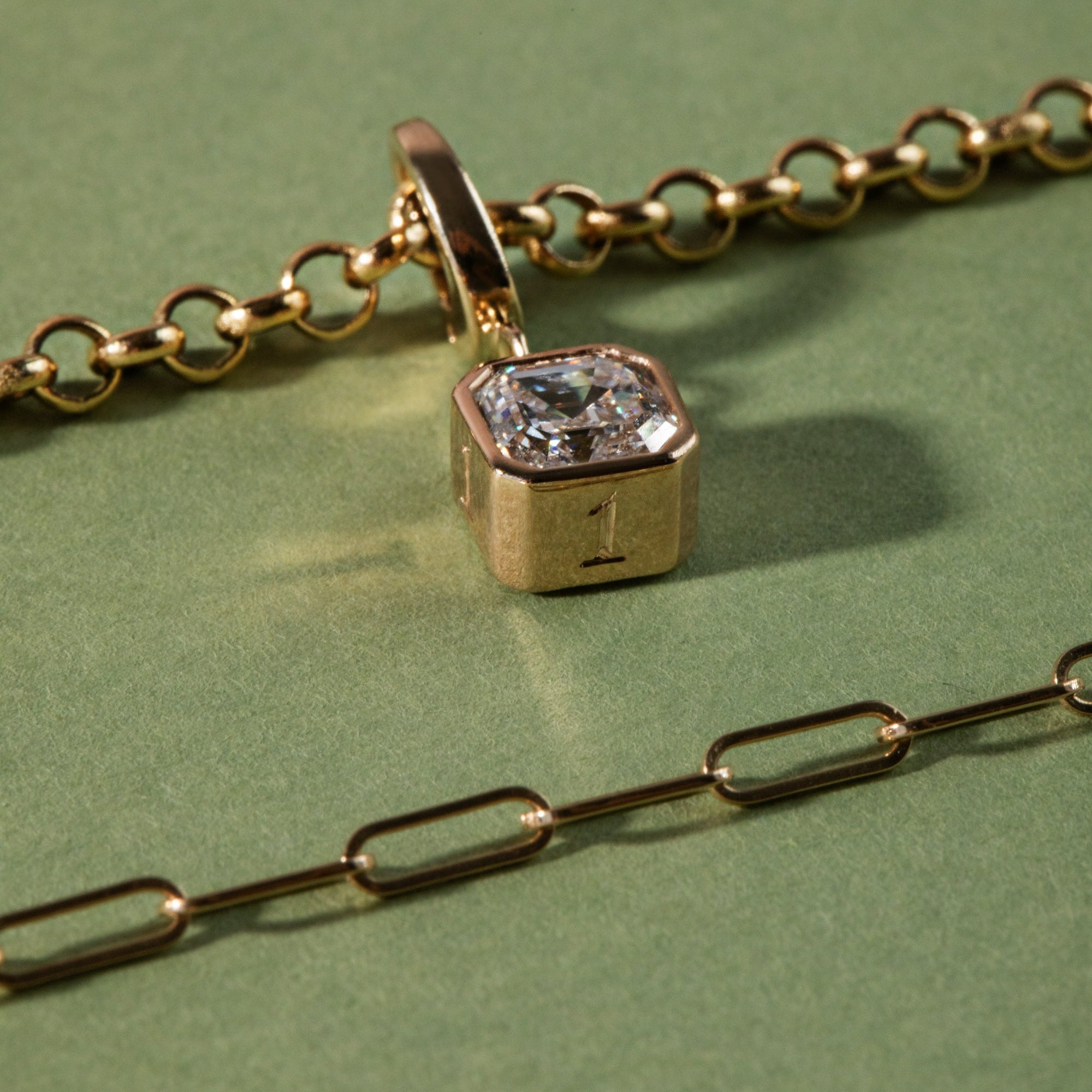 New asscher bezel charm clips on the chunky rolo chain necklace. personalize our new charms with an engraving or hidden birthstone.